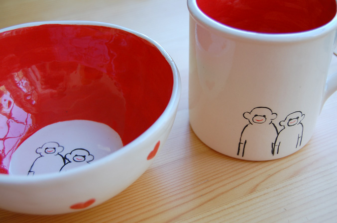 Sock monkey bowl + mug