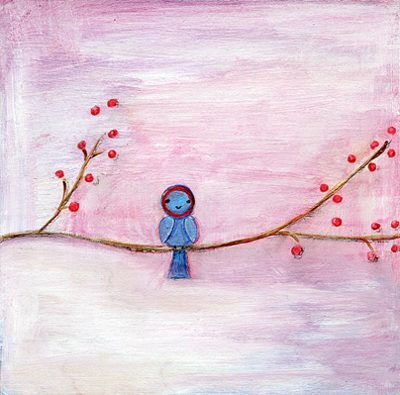 little blue bird with a red hat