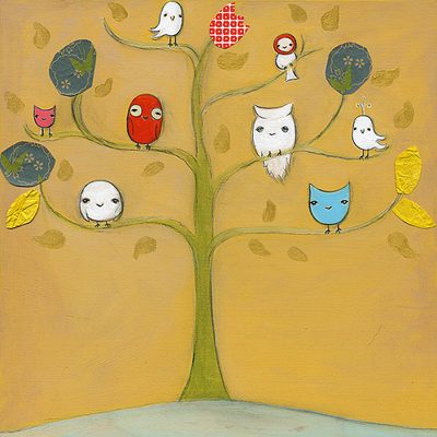 owl friends & a bird with a hat