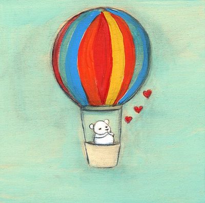 a bear blows you a kiss from a hot air balloon