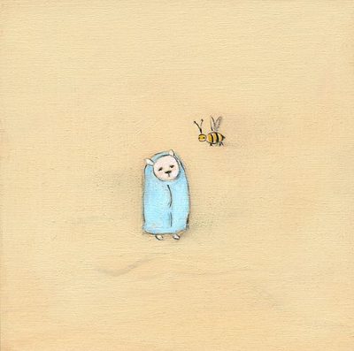a bear in a baby blue blanket and a bumblebee